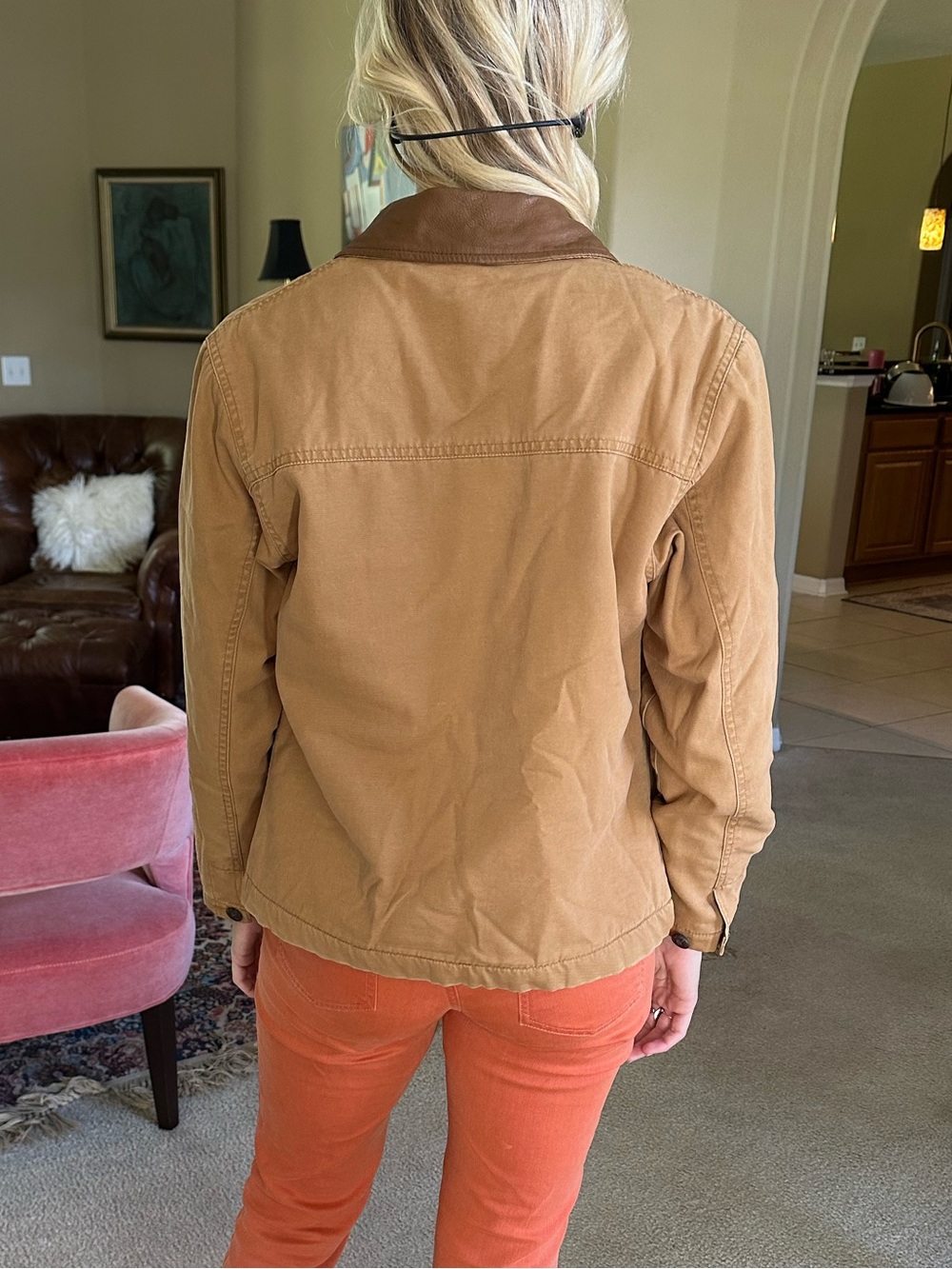 Tan Canvas Woolrich Jacket - Leather collar/ fleece lined - Picture 2 of 7
